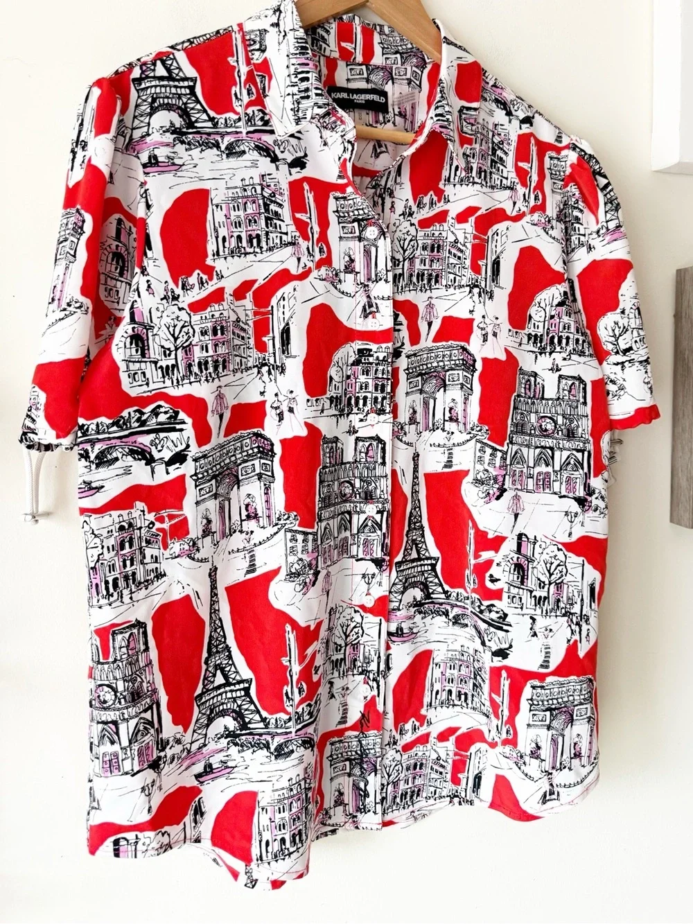 Karl Lagerfeld Bungee-Sleeve Blouse Parisian Sketch Theme Print Size Medium - Picture 8 of 13